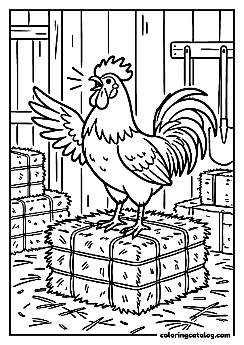 Printable Chicken coloring page: A rooster crowing on a hay bale in the barn