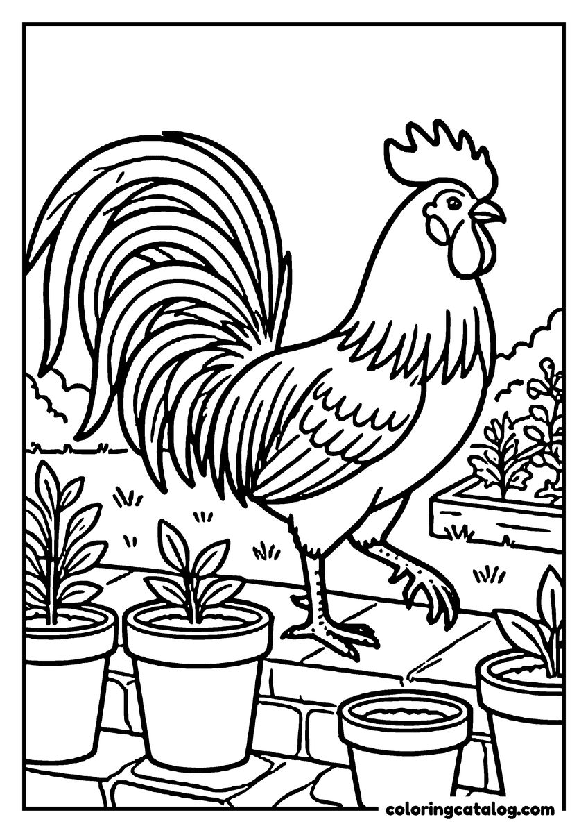 Free Chicken coloring sheet: A rooster strutting among flower pots and seedlings