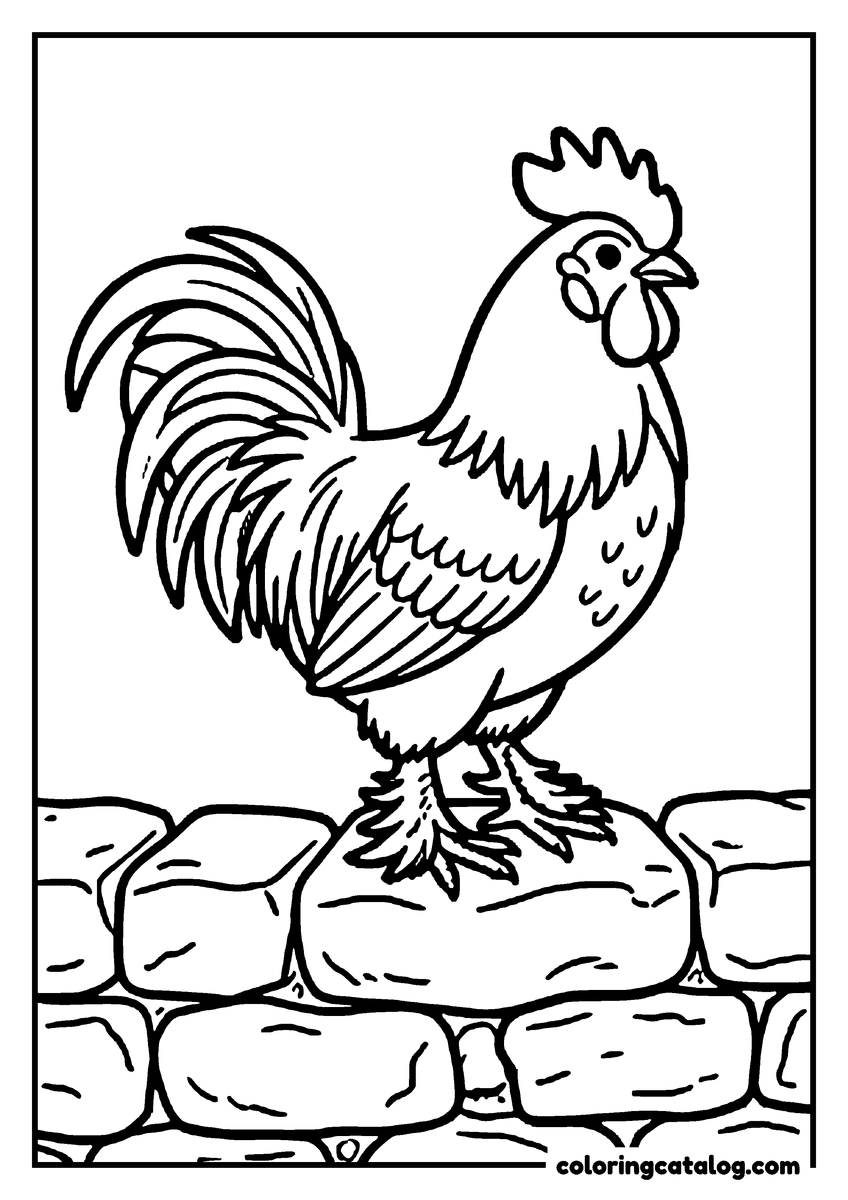 Chicken coloring page: A rooster standing proudly on a stone wall
