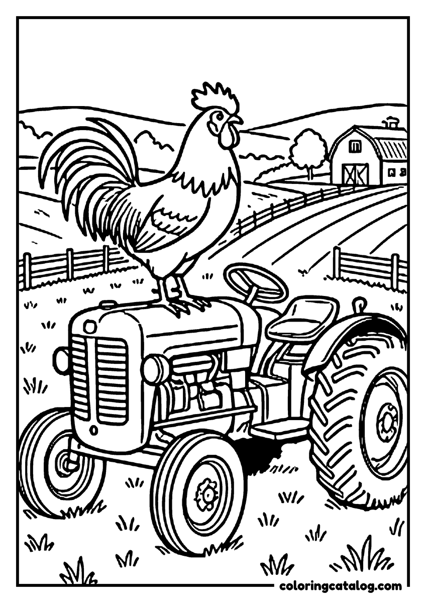 Printable Chicken coloring page: A rooster standing on an old tractor in the fields