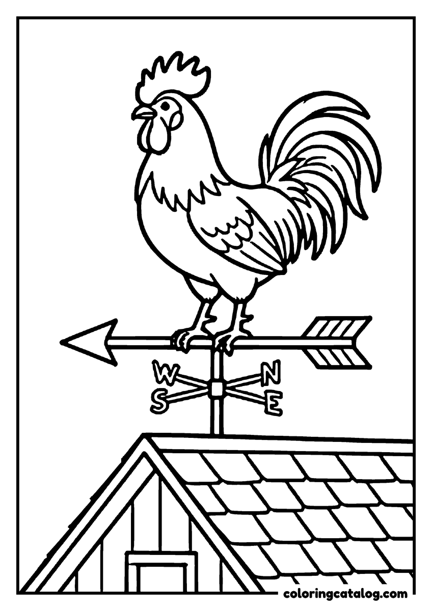 Printable Chicken coloring page: A rooster weather vane on a barn roof