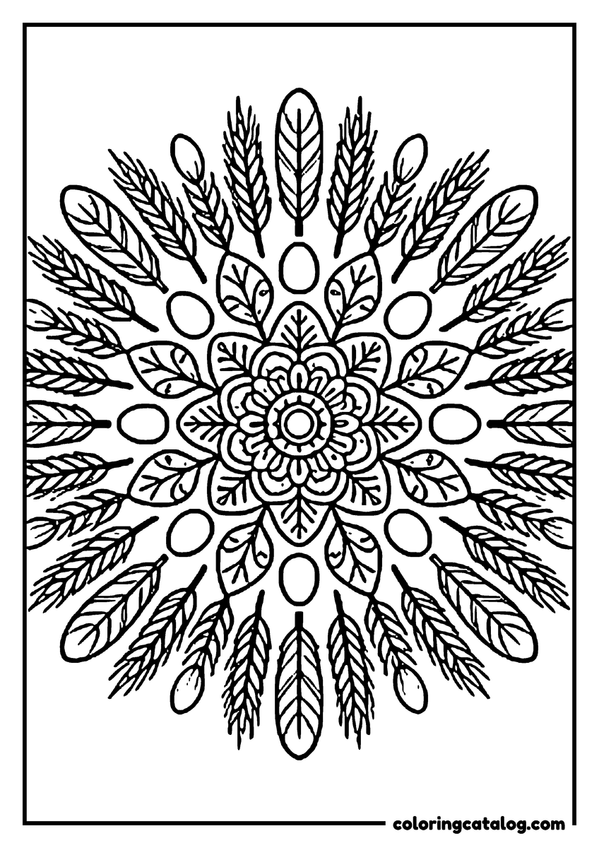 Chicken coloring page: A mandala of wheat, eggs and feathers