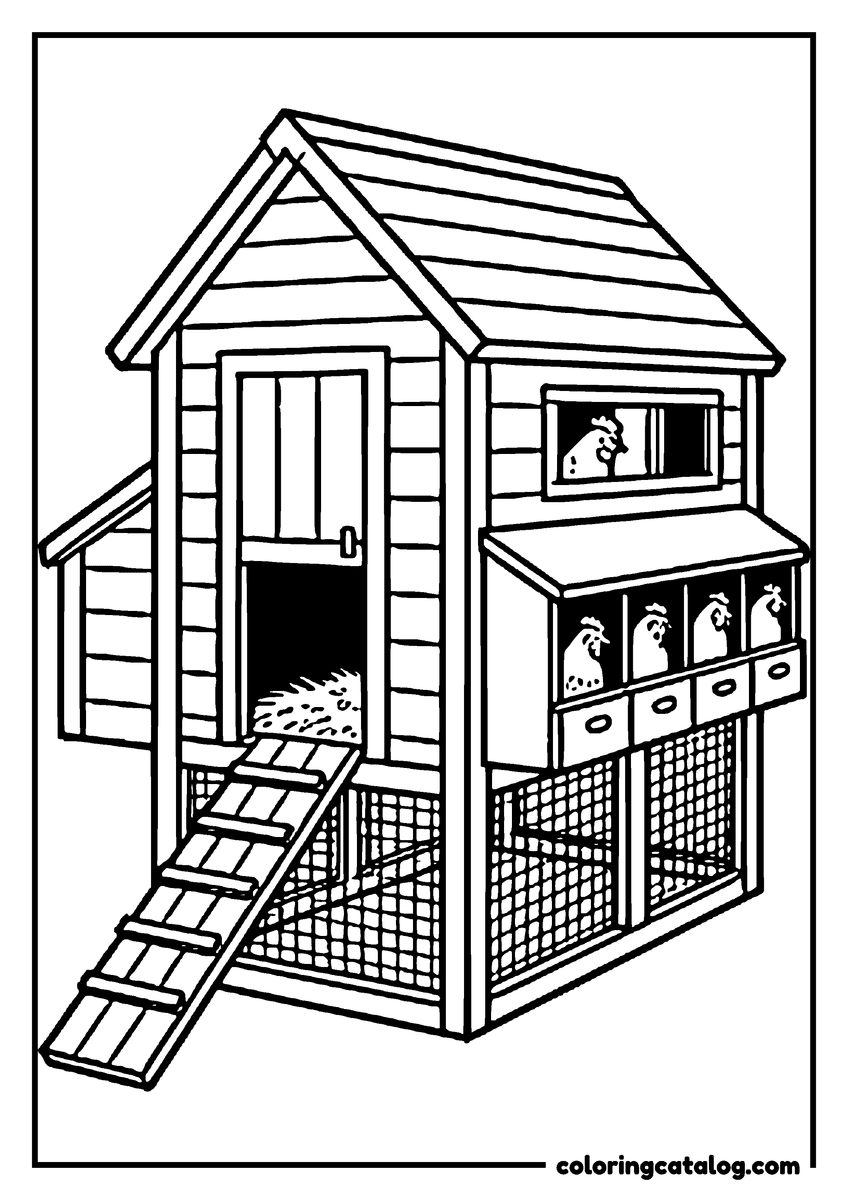 Printable coloring page: A wooden chicken coop with a ramp, nest boxes and hens peeking out
