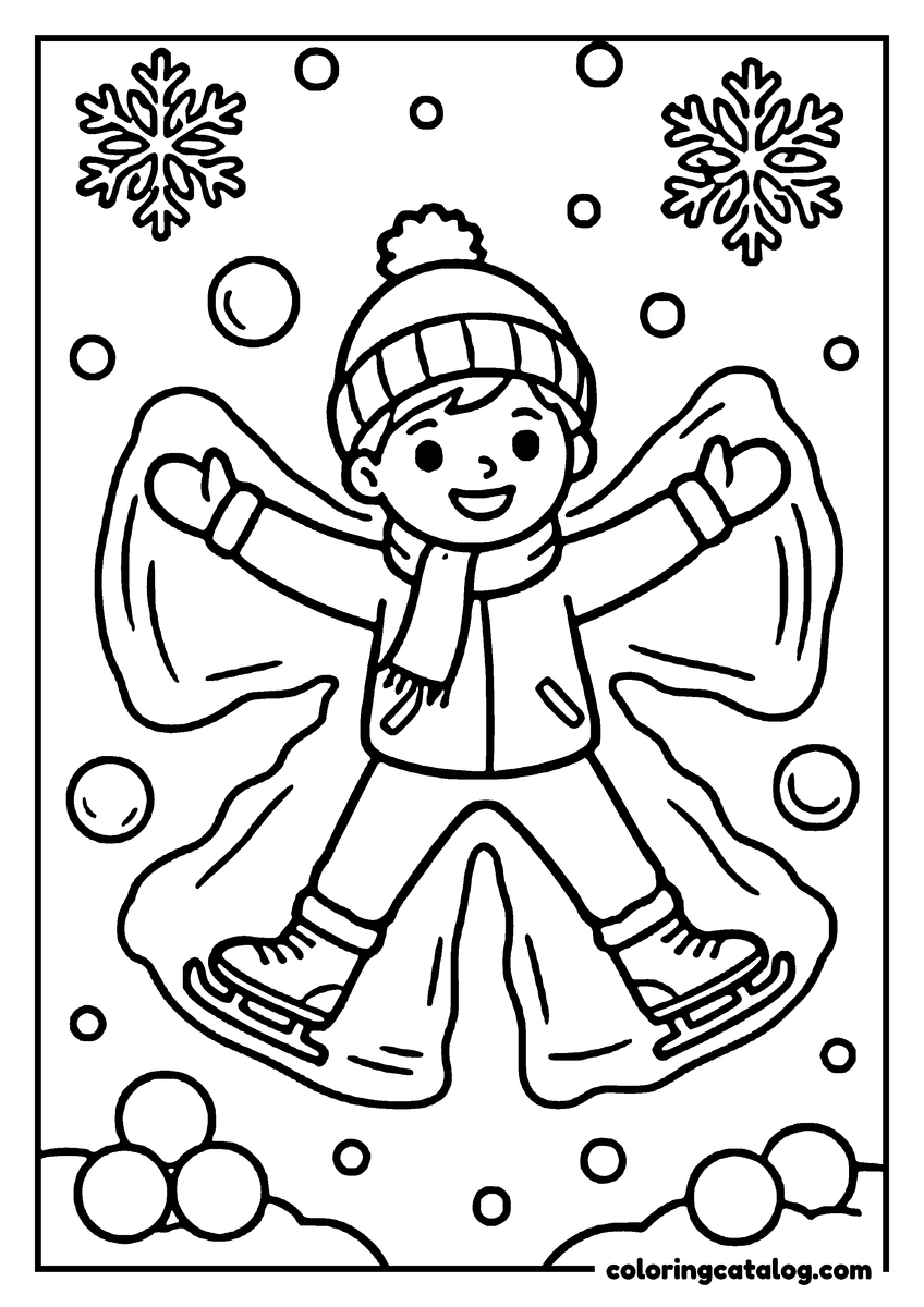 Christmas coloring page: A boy ice skating on a snowy day, wearing a hat, scarf, and gloves, with snowflakes and bubbles around