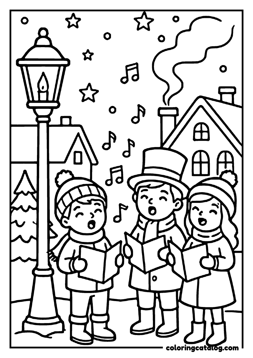 Coloring page: Children singing Christmas carols in a snowy street with a lit streetlamp and stars above