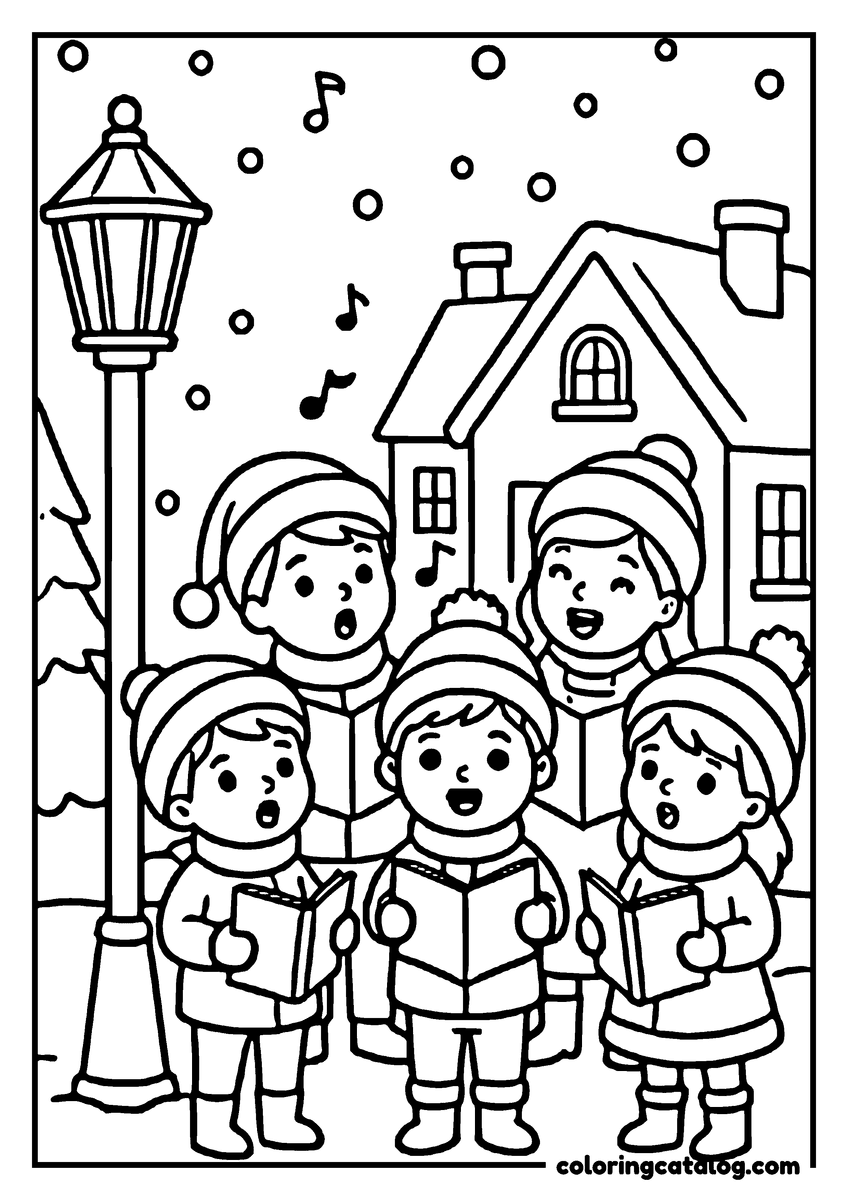 Free printable coloring sheet: Children singing Christmas carols in snowy street, with houses, trees, and falling snow