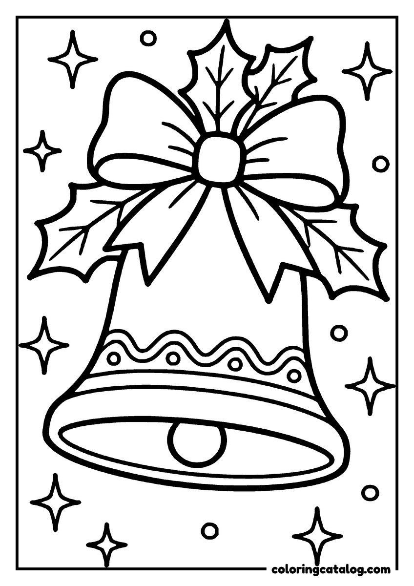 Free printable coloring sheet: A Christmas bell with a bow and holly leaves, surrounded by stars and dots