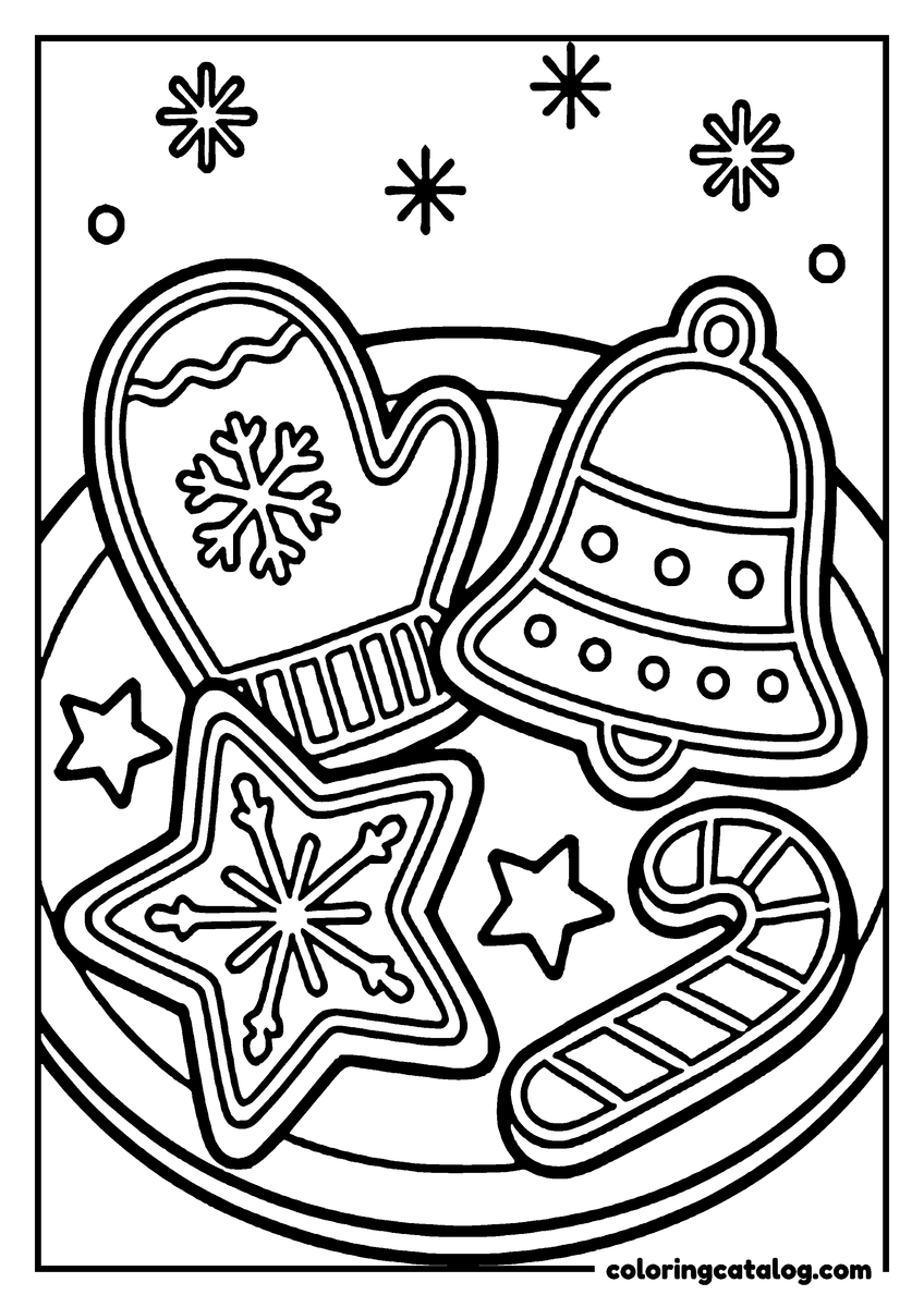 Christmas coloring page of Christmas cookies shaped like a mitten, a bell, a star and a candy cane on a plate