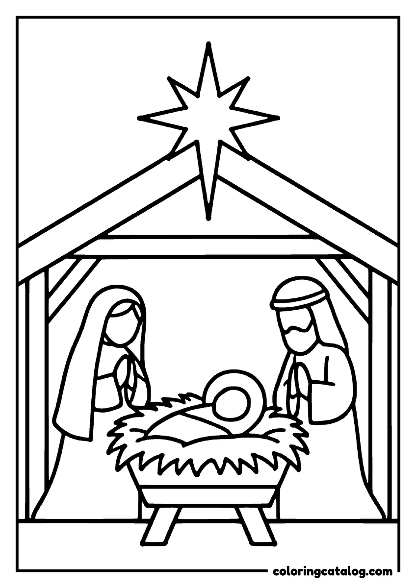 Printable coloring page: A Christmas nativity scene with Mary, Joseph, and baby Jesus in a manger, under a star