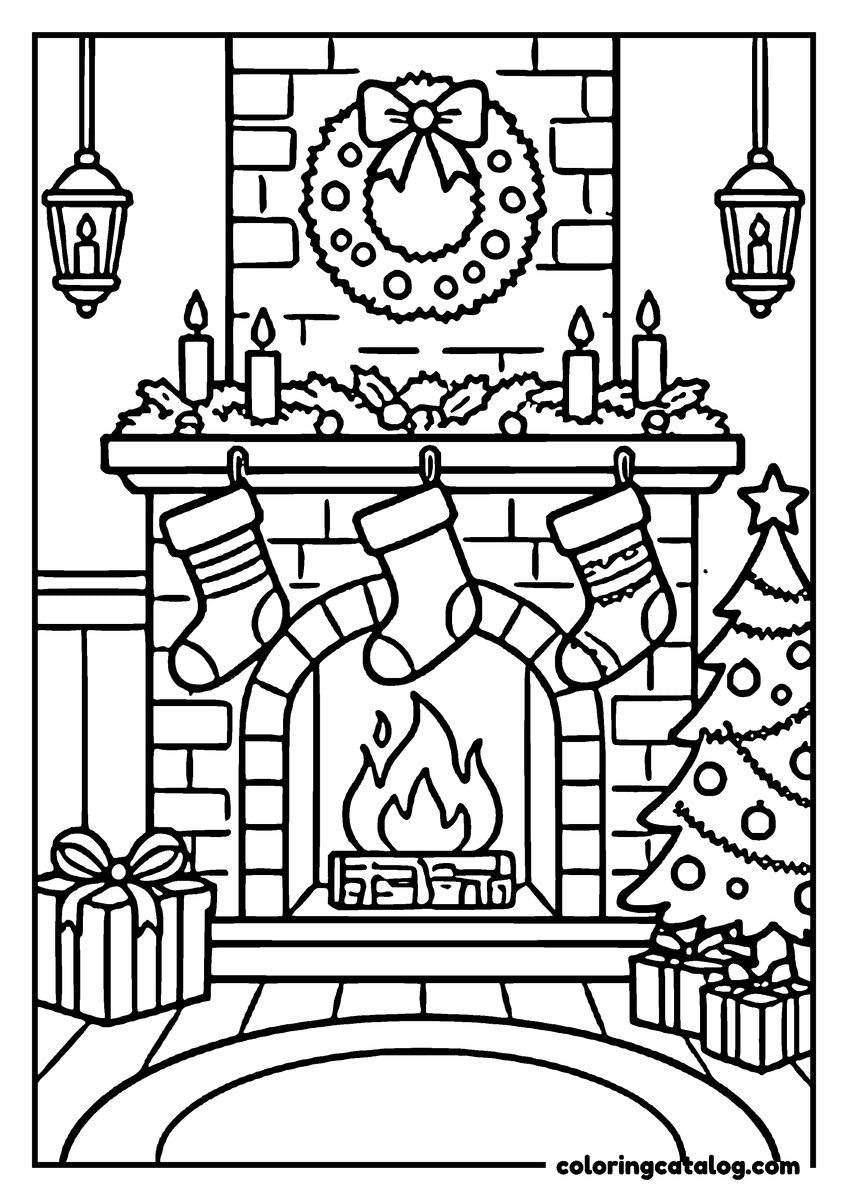 Free printable coloring sheet: Christmas stockings hanging by a fireplace, candles burning, wreath above, presents nearby