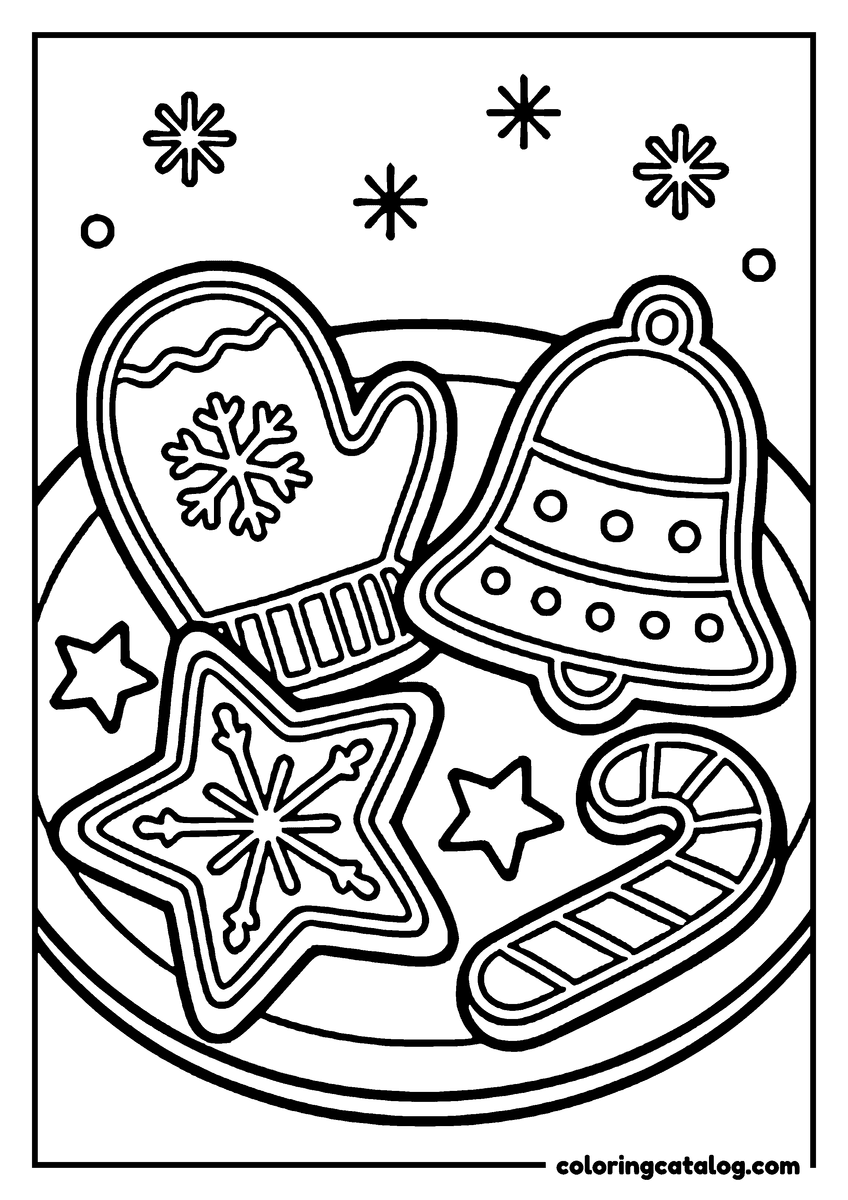 Coloring page: A Christmas bell, a star, a candy cane and a pair of mittens