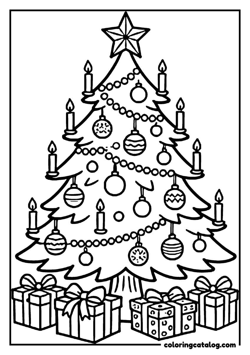 Coloring page: A Christmas tree with ornaments, candles, and presents under it
