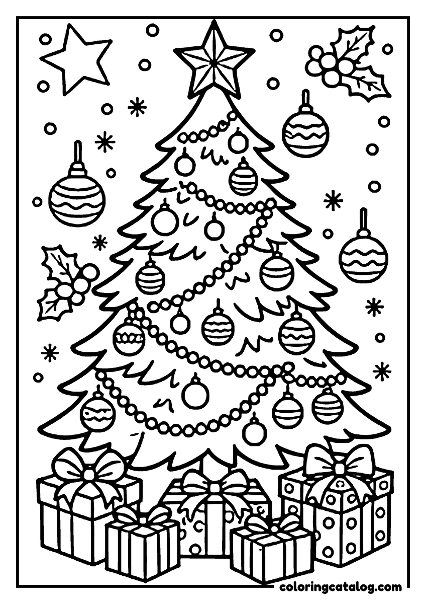 Printable coloring page: A Christmas tree with ornaments, presents, and decorations stands in a snowy setting