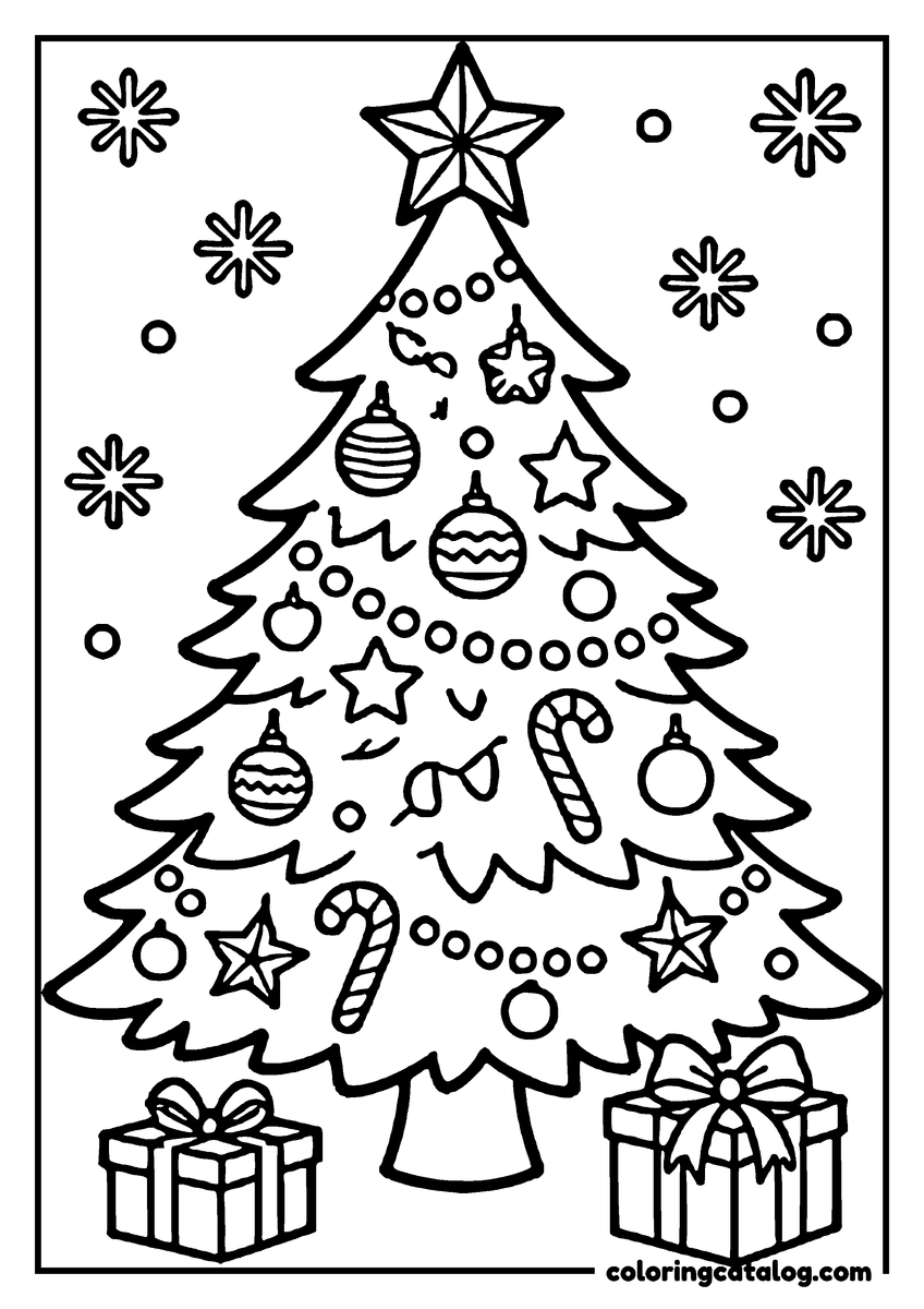 Coloring page: A Christmas tree with ornaments, presents, and snowflakes