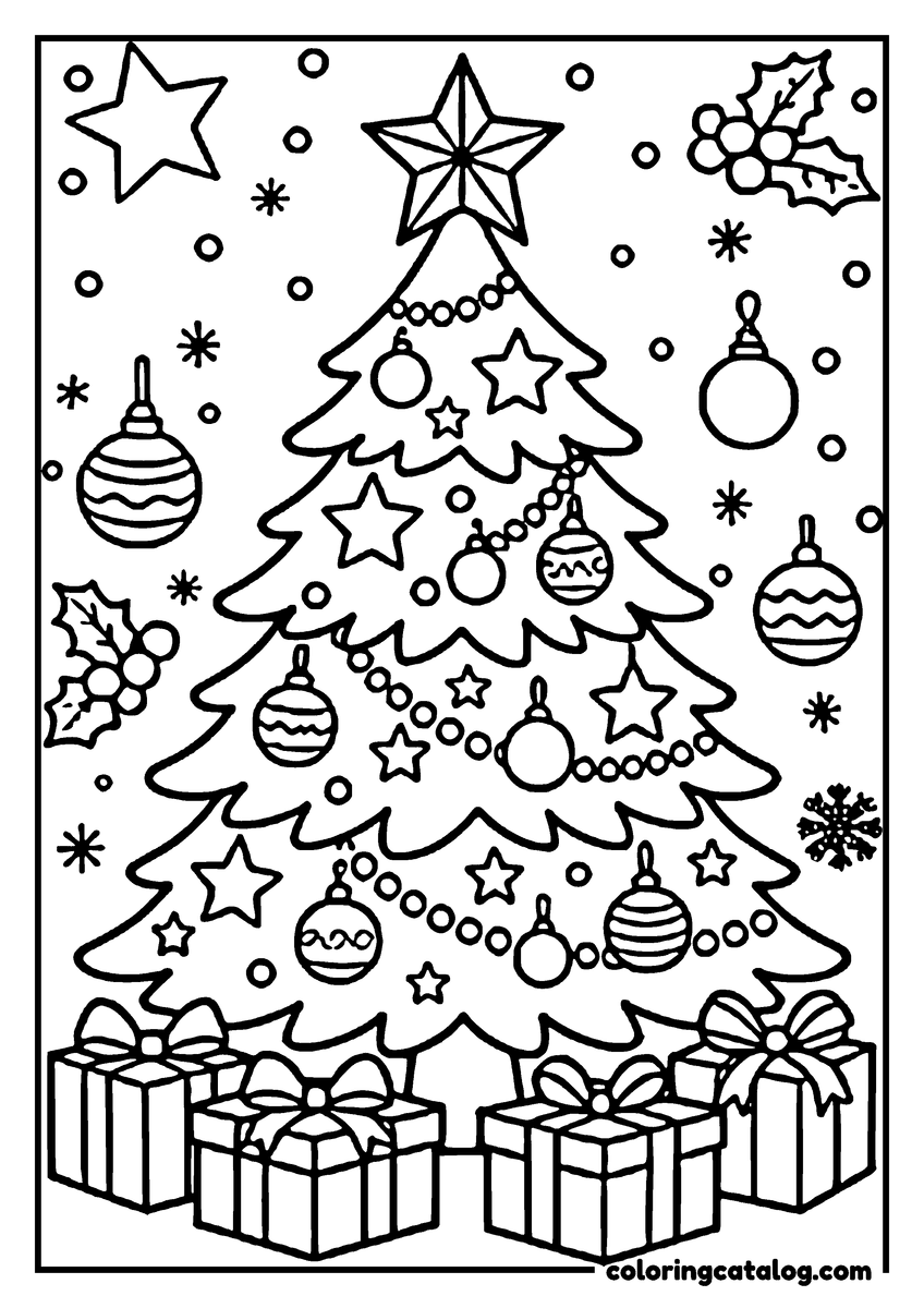 Printable coloring page: A Christmas tree with ornaments, stars, and presents under it