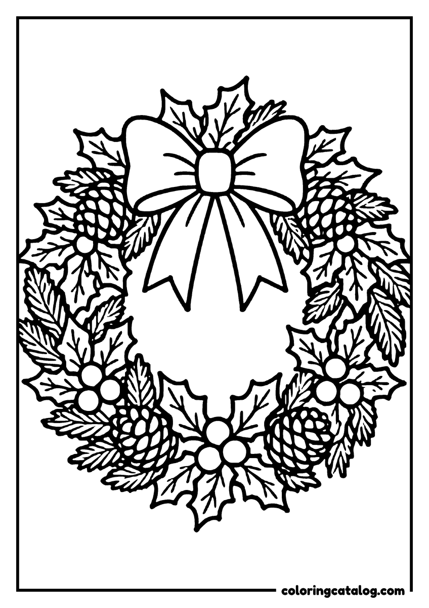 Free printable coloring sheet: A Christmas wreath with holly leaves, pinecones, berries, and a bow