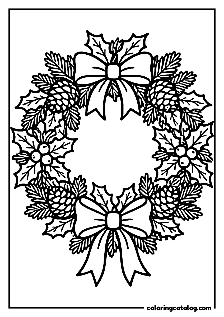 Printable coloring page: Christmas wreath with holly, pine cones, and ribbons, set against a simple background