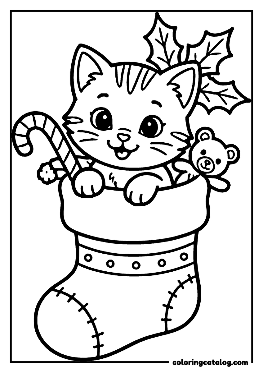 Coloring page: A cute kitten is sitting in a Christmas stocking, holding a candy cane and a teddy bear, with a holly leaf on its head