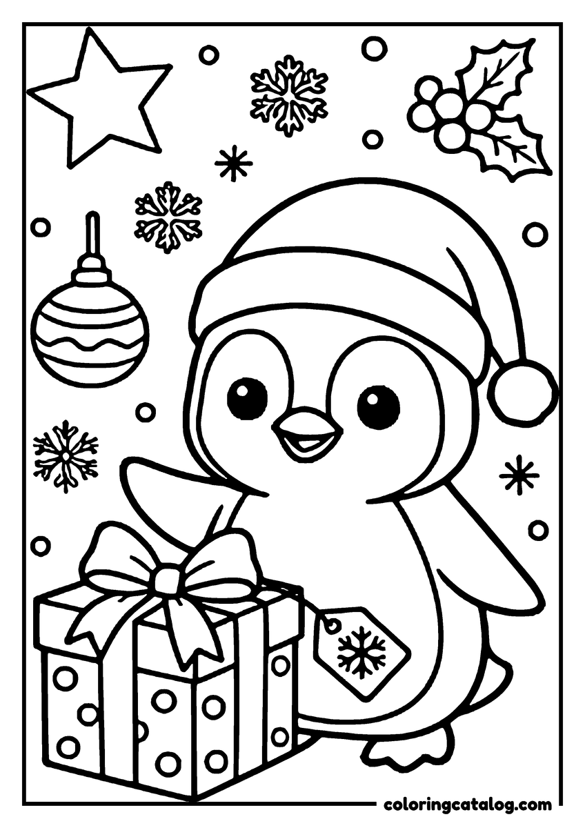 Christmas coloring page: A cute penguin wearing a Santa hat holds a wrapped gift box with a bow and snowflakes around
