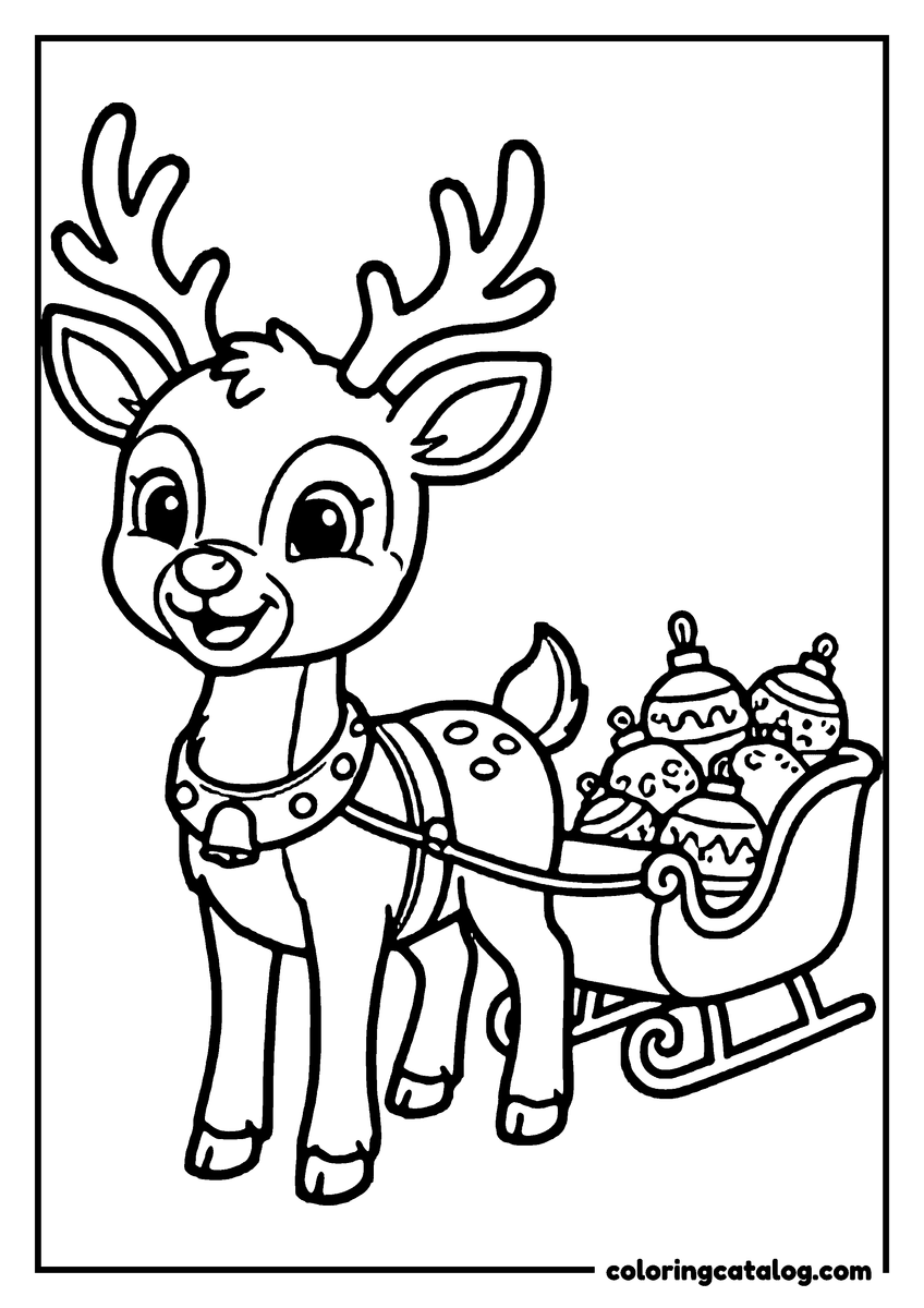 Coloring page: A cute reindeer is pulling a sleigh filled with Christmas ornaments