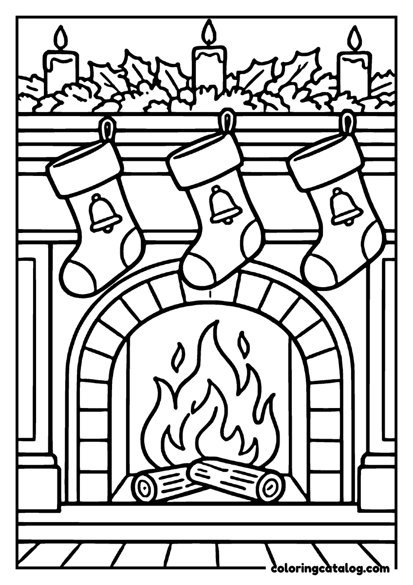 Printable Christmas coloring page: A fireplace with stockings hanging above, candles on the mantel, and a warm fire inside