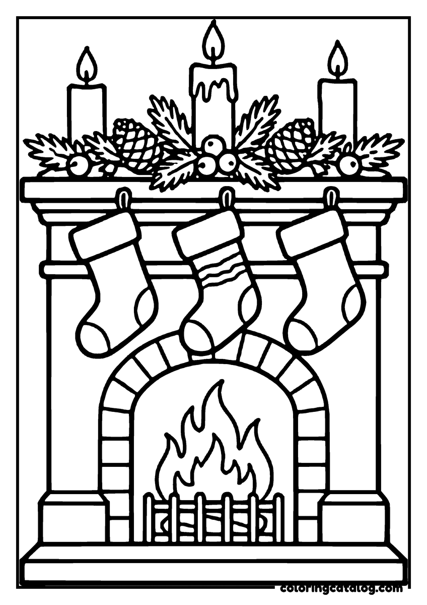 Free Christmas coloring sheet: A fireplace with stockings hanging, candles burning, and a wreath above