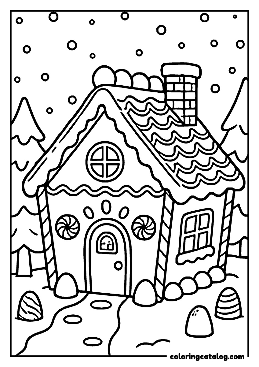 Free Christmas coloring sheet: A gingerbread house with a wavy roof, candy-striped pillars, and a chimney, surrounded by snowflakes and trees