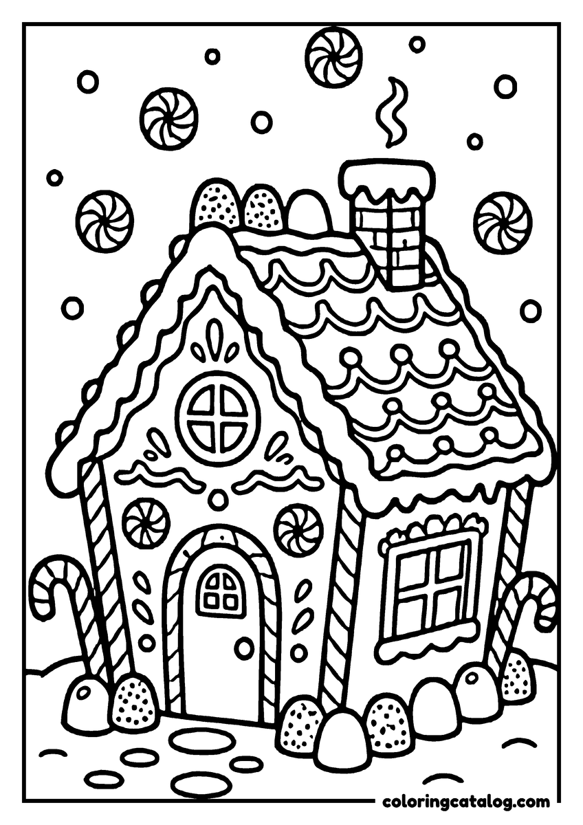 Christmas coloring page: A gingerbread house with candy decorations, candy canes, and peppermints in the sky