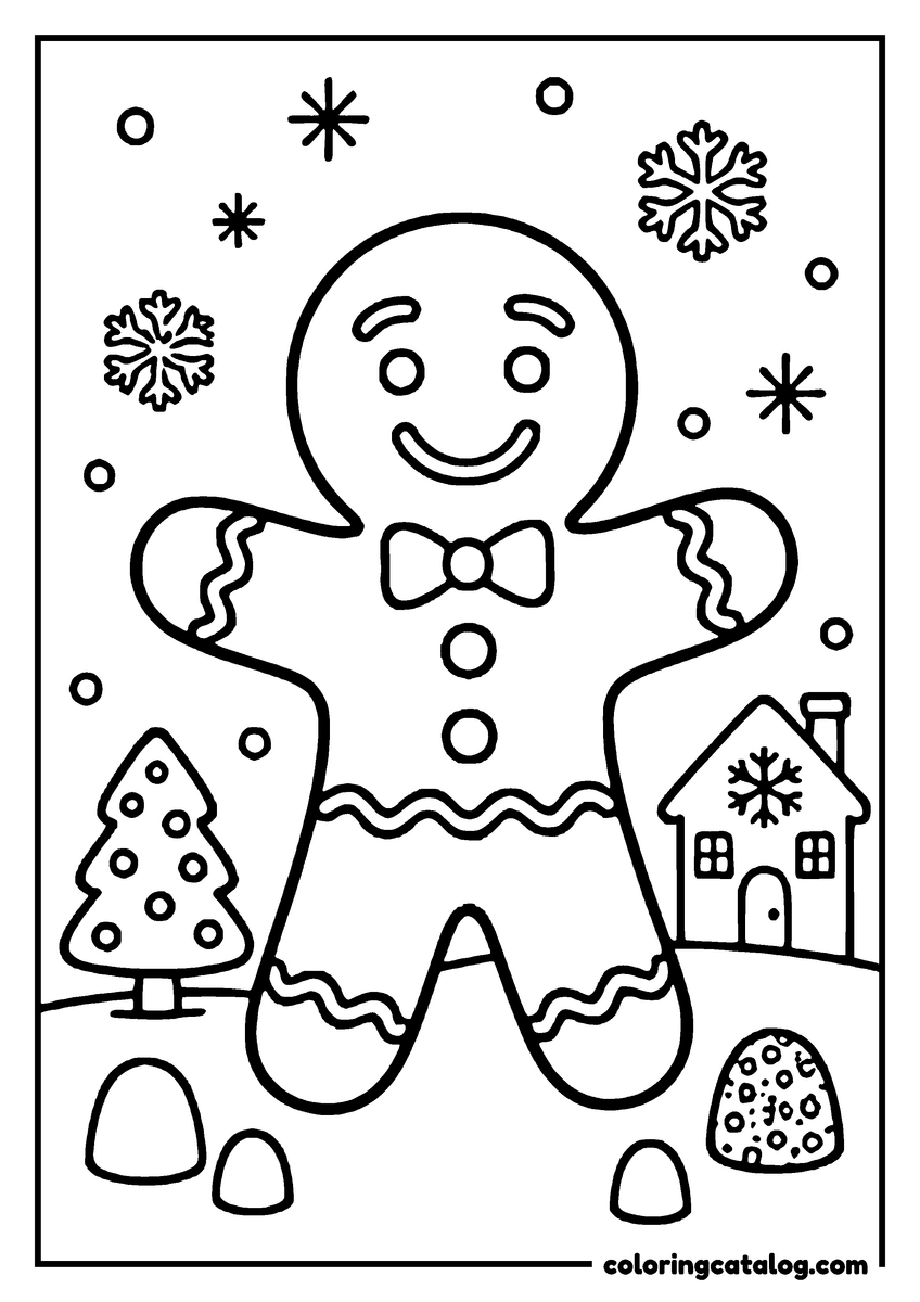 Printable Christmas coloring page: A gingerbread man stands in a snowy landscape, wearing a bow tie, with snowflakes and a small house in the background