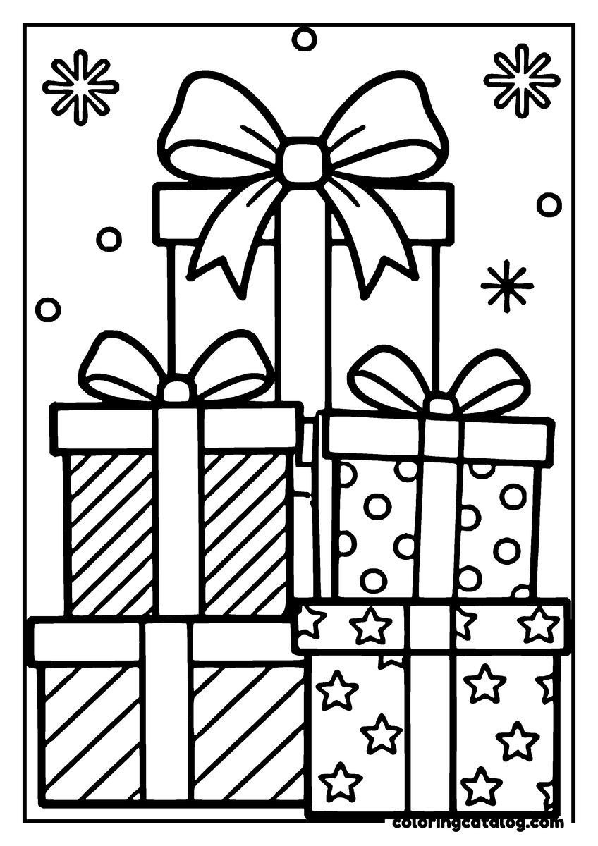 Printable coloring page: A pile of wrapped Christmas presents with bows and ribbons, surrounded by snowflakes