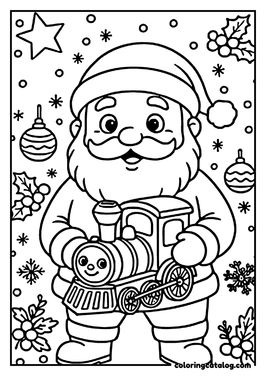 Printable Christmas coloring page: Santa Claus holds a toy train, surrounded by festive decorations and snowflakes