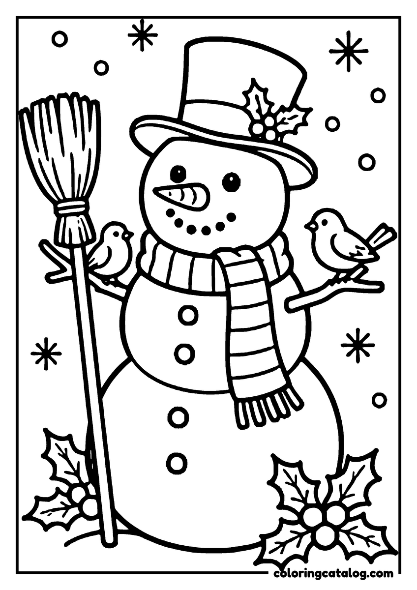 Free Christmas coloring sheet: A snowman stands holding a broom, wearing a top hat and scarf, with two birds perched on its arms, surrounded by snowflakes and holly leaves