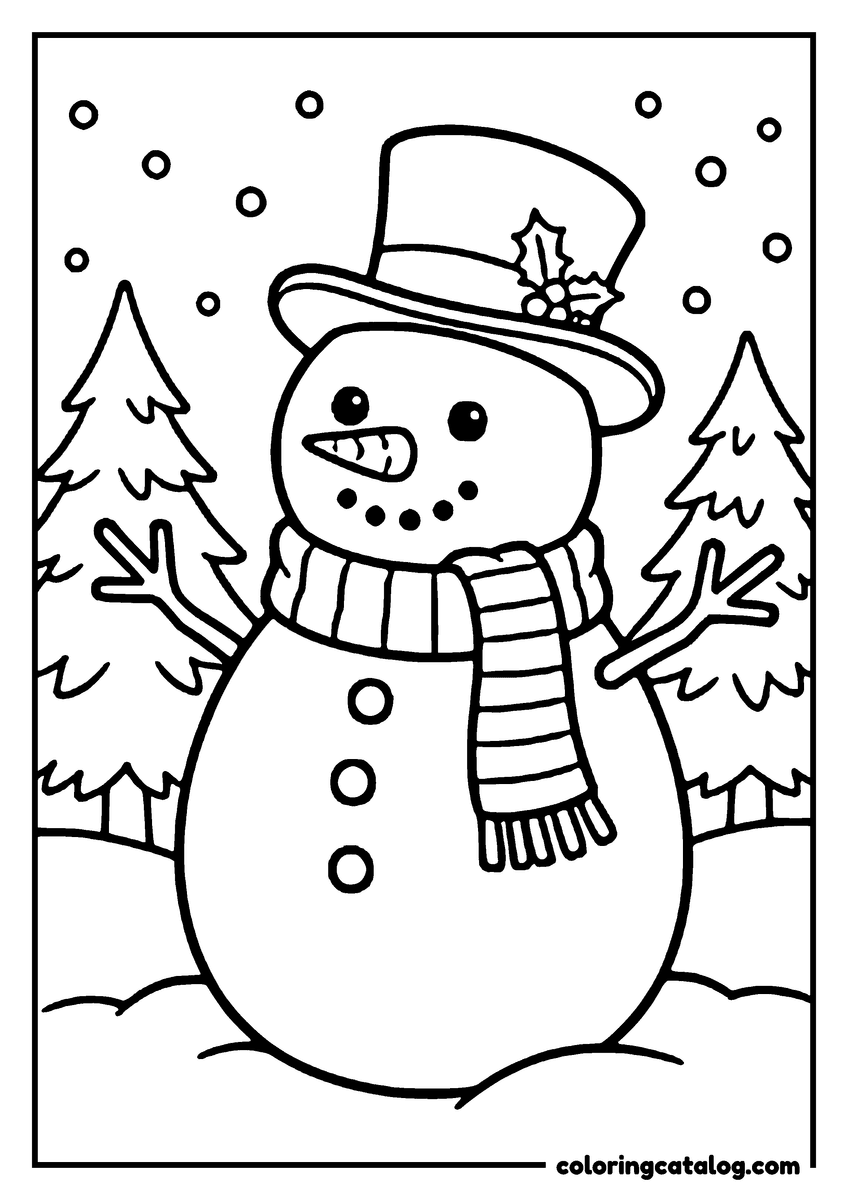 Printable Christmas coloring page: A snowman stands in a snowy landscape, wearing a top hat and scarf, with trees and falling snow in the background