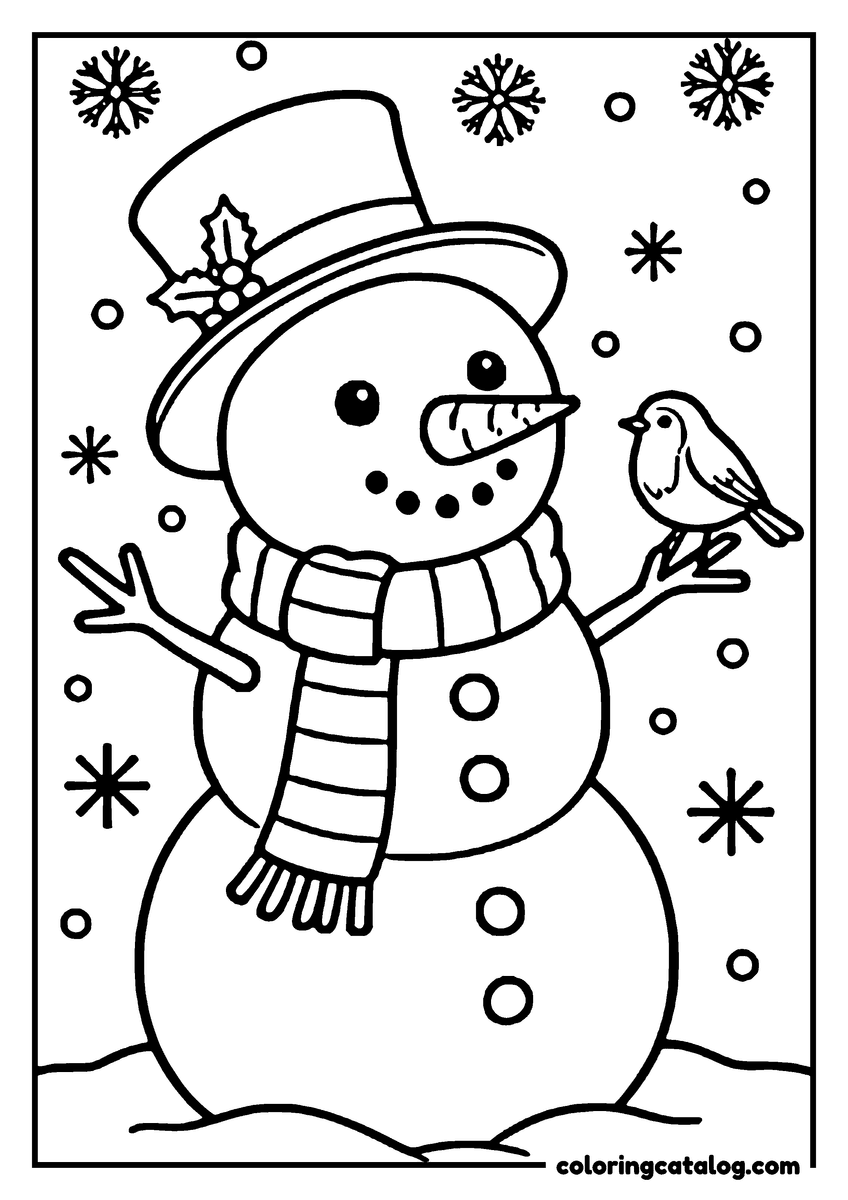 Christmas coloring page: A snowman wearing a top hat, scarf, and holding a bird in the snow
