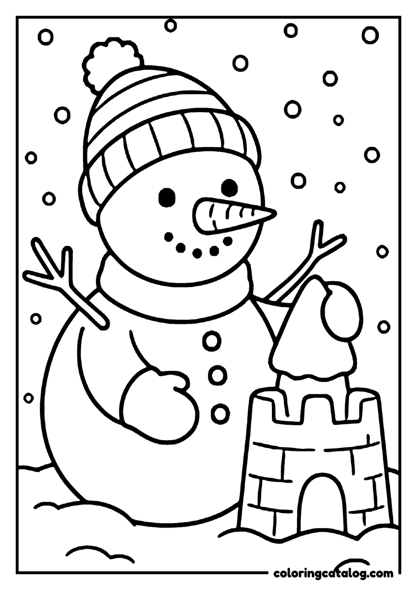 Free Christmas coloring sheet: A snowman with a carrot nose, striped hat, and mittens is standing next to a snowcastle