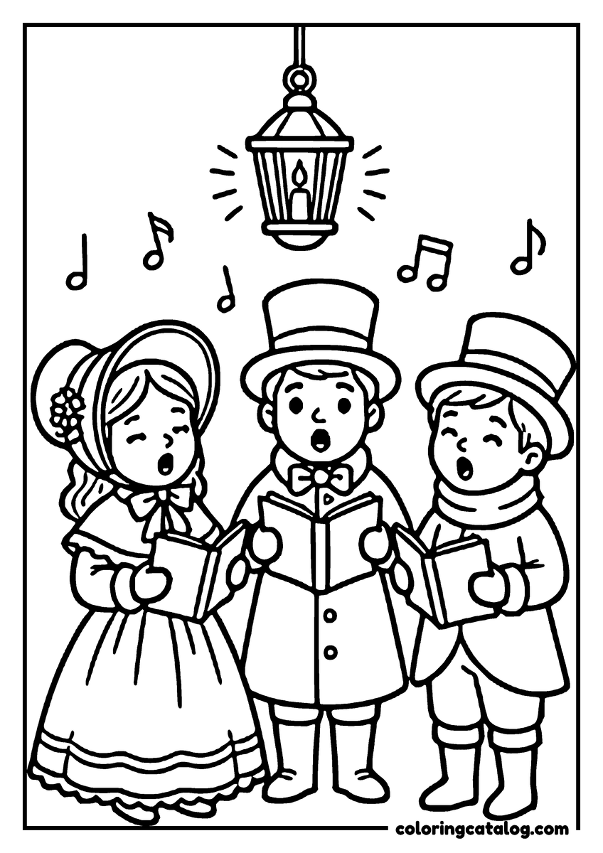 Printable coloring page: Three children singing Christmas carols, wearing Victorian-style clothing, with a lantern hanging above them