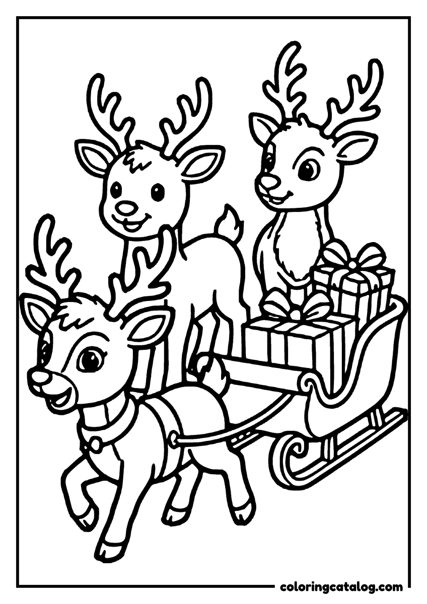 Free printable coloring sheet: Three festive reindeer pull a sleigh filled with presents, ready for a joyful Christmas journey