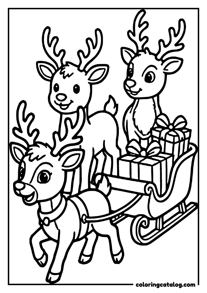 Christmas coloring page of three reindeer pulling a sleigh piled with Christmas presents