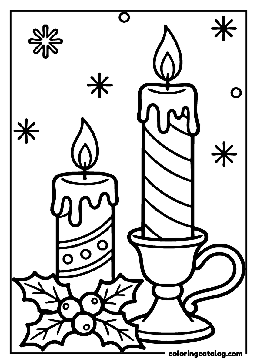 Christmas coloring page: Two lit candles with melting wax, surrounded by snowflakes and holly leaves