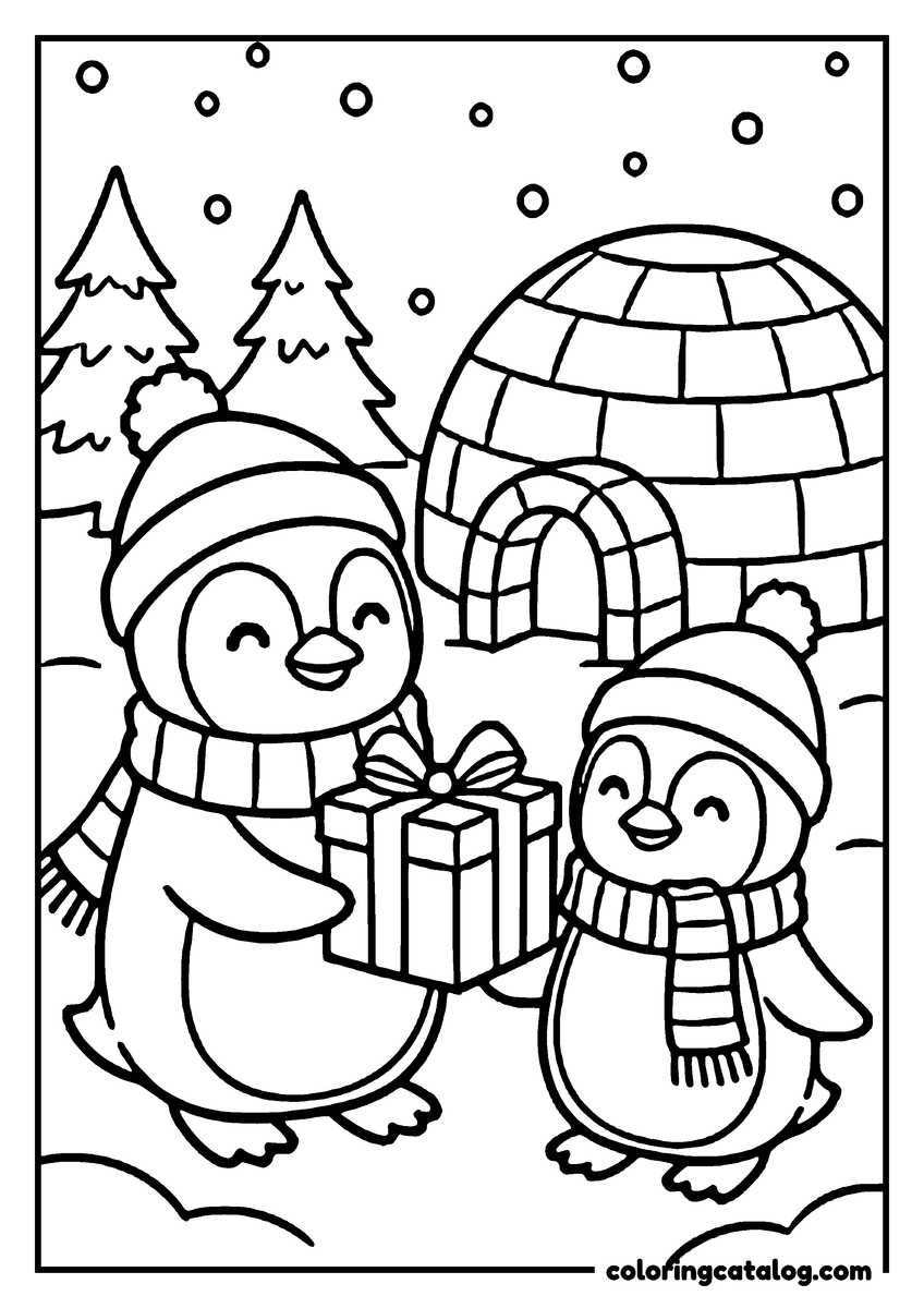 Free Christmas coloring sheet: Two penguins exchange a gift in a snowy scene with an igloo and pine trees