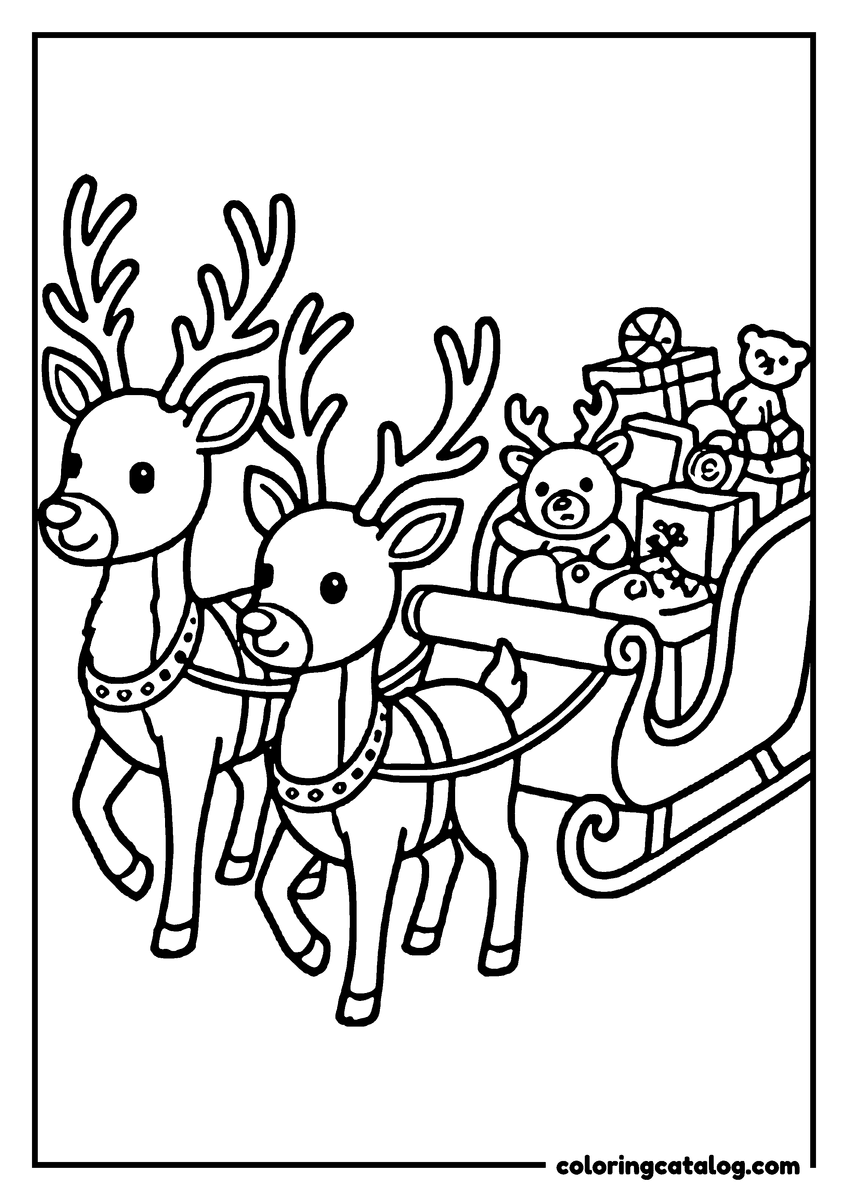 Printable coloring page: Two reindeer pull a sleigh filled with Christmas presents and toys