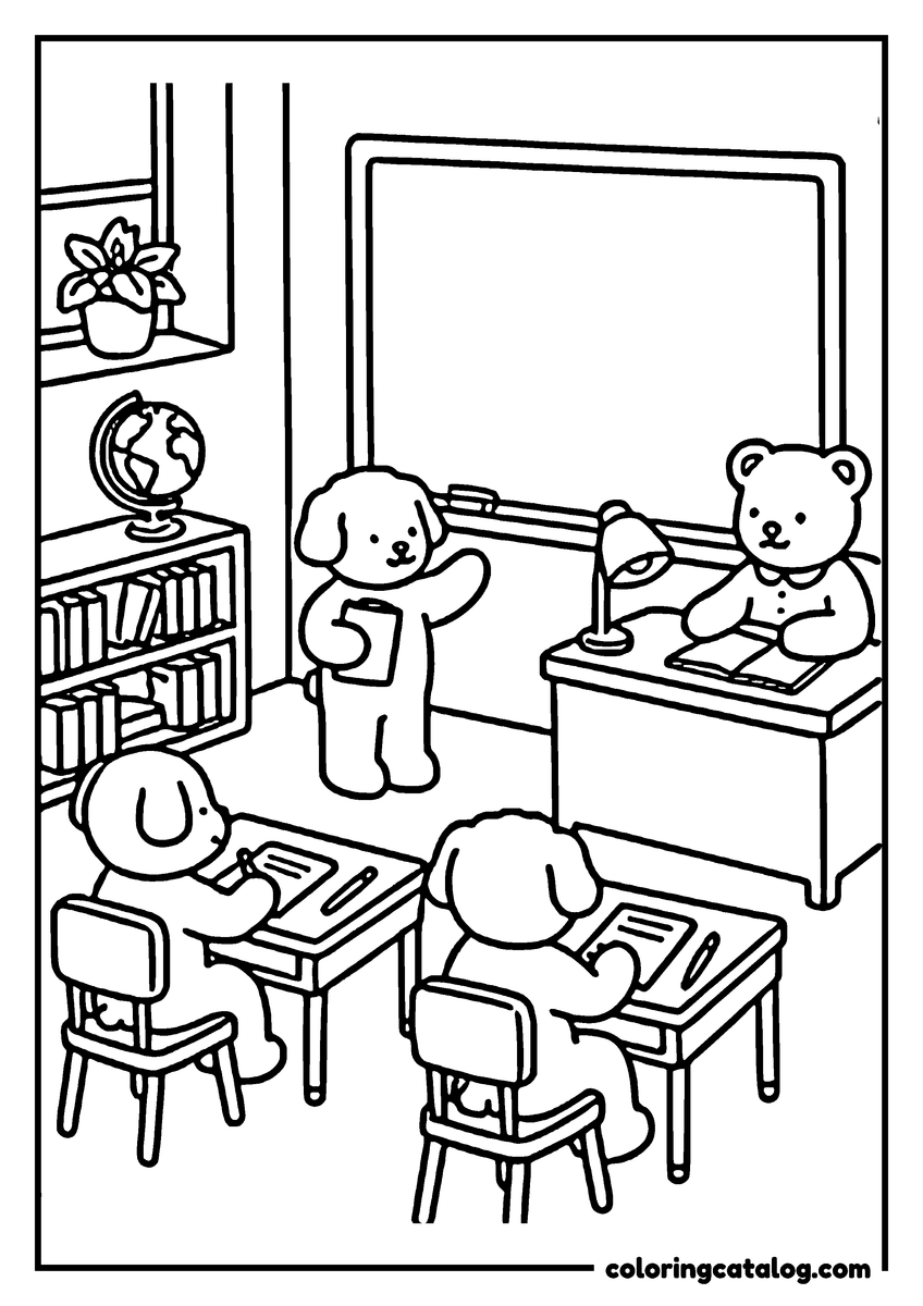 Free Cozy coloring sheet: A classroom scene with four teddy bears, one writing, another reading, and a globe on a shelf