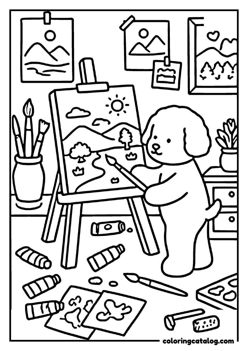 Printable coloring page: A cute dog is painting a landscape on an easel in a cozy studio