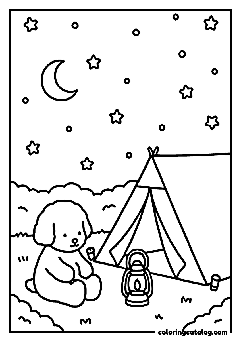 Cozy coloring page: A cute puppy sits by a tent under a starry sky, holding a lantern