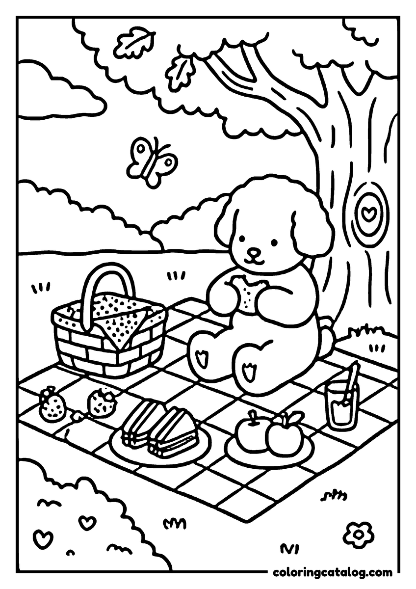 Cozy coloring page: A cute puppy sits on a picnic blanket, enjoying a slice of cake and a glass of juice, with a butterfly flying nearby