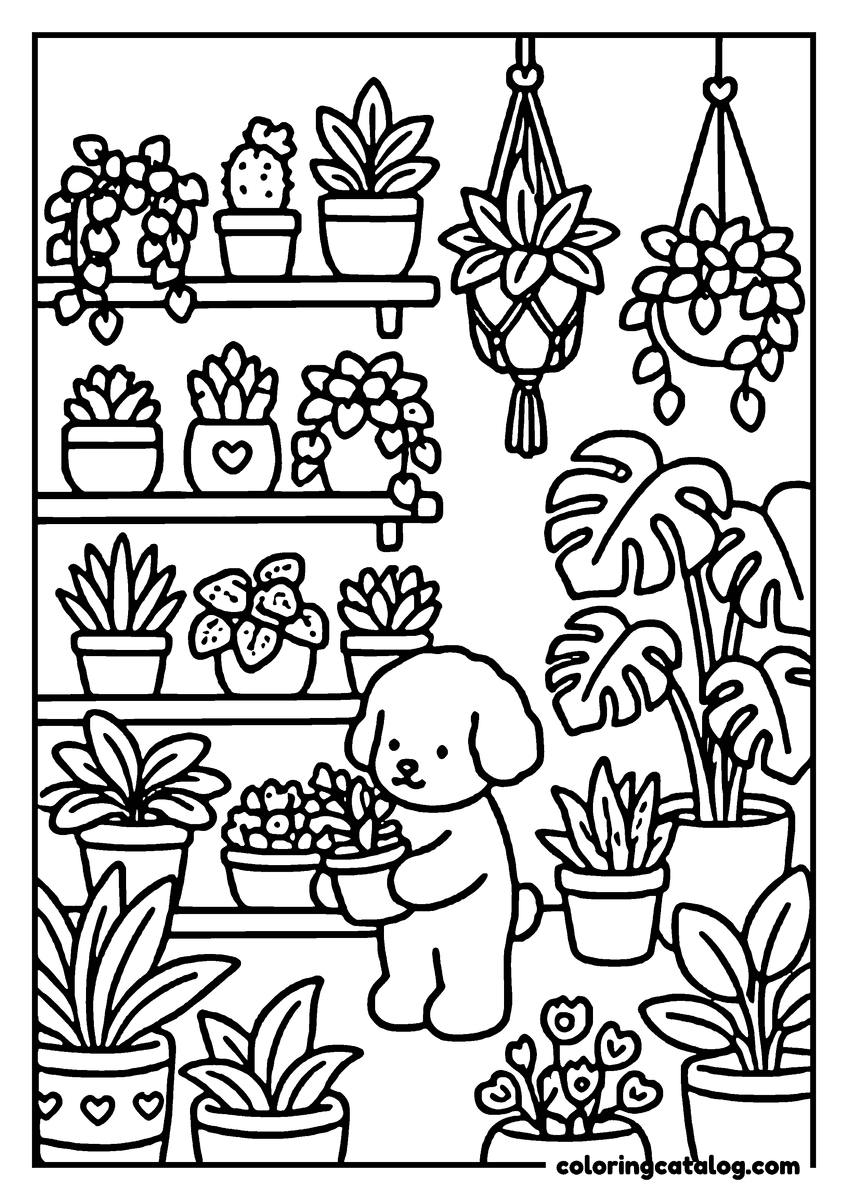 Cozy coloring page: A cute puppy stands among various potted plants, holding a basket of flowers
