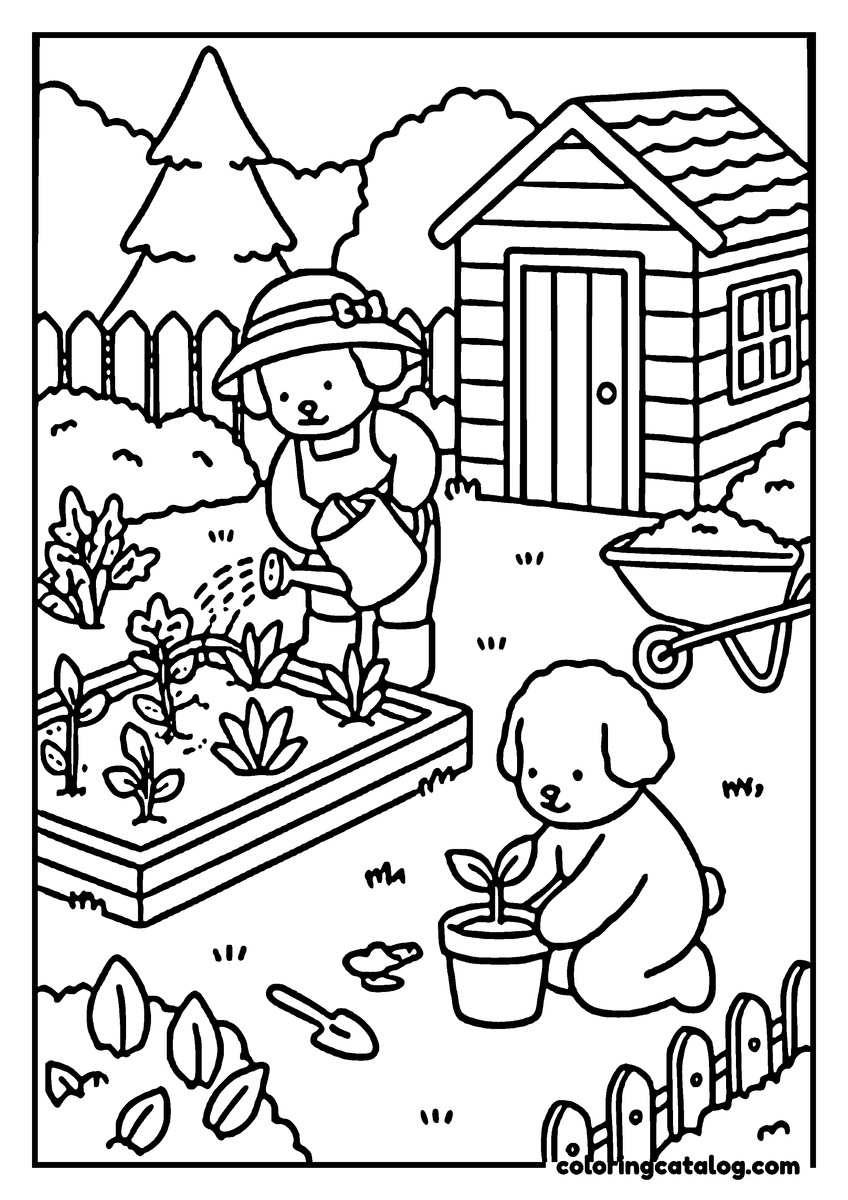 Free Cozy coloring sheet: A girl gardening in a backyard with a dog watching, a wheelbarrow, and a small shed