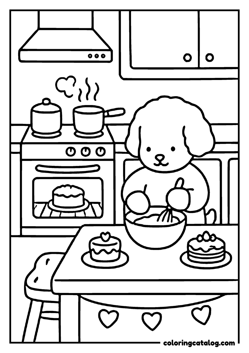 Free printable coloring sheet: A puppy is baking cakes in a cozy kitchen with a pot of soup on the stove