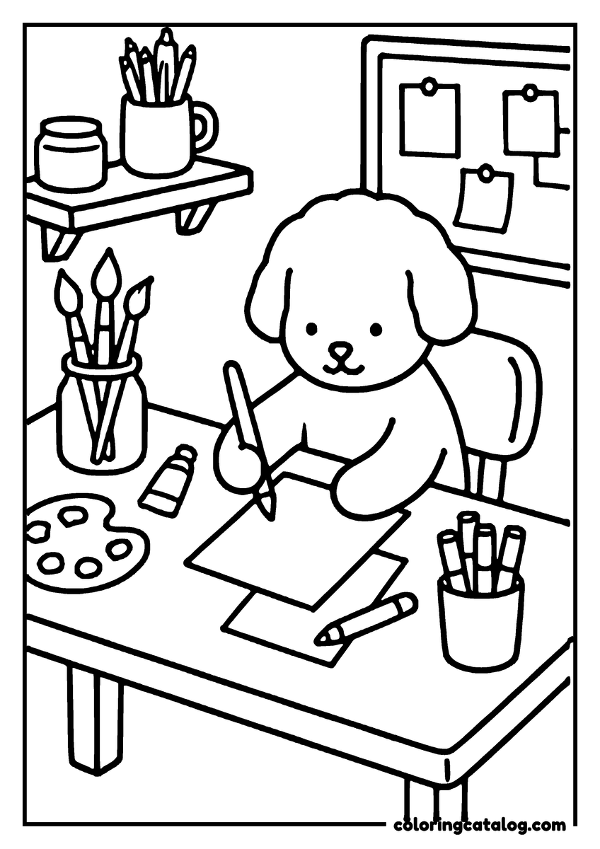 Free Cozy coloring sheet: A puppy is drawing with a paintbrush at a desk, surrounded by art supplies