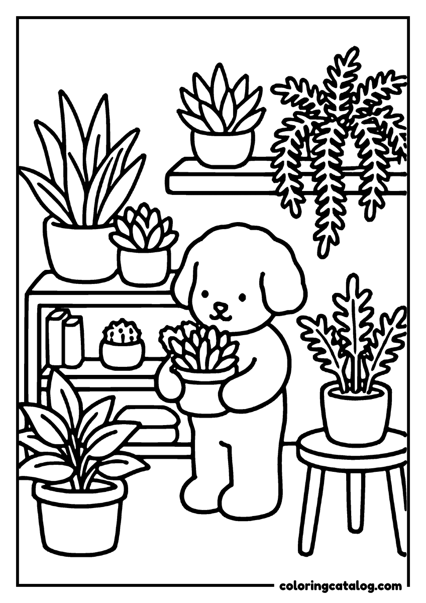 Printable coloring page: A puppy is holding a plant, surrounded by various houseplants in a cozy indoor setting